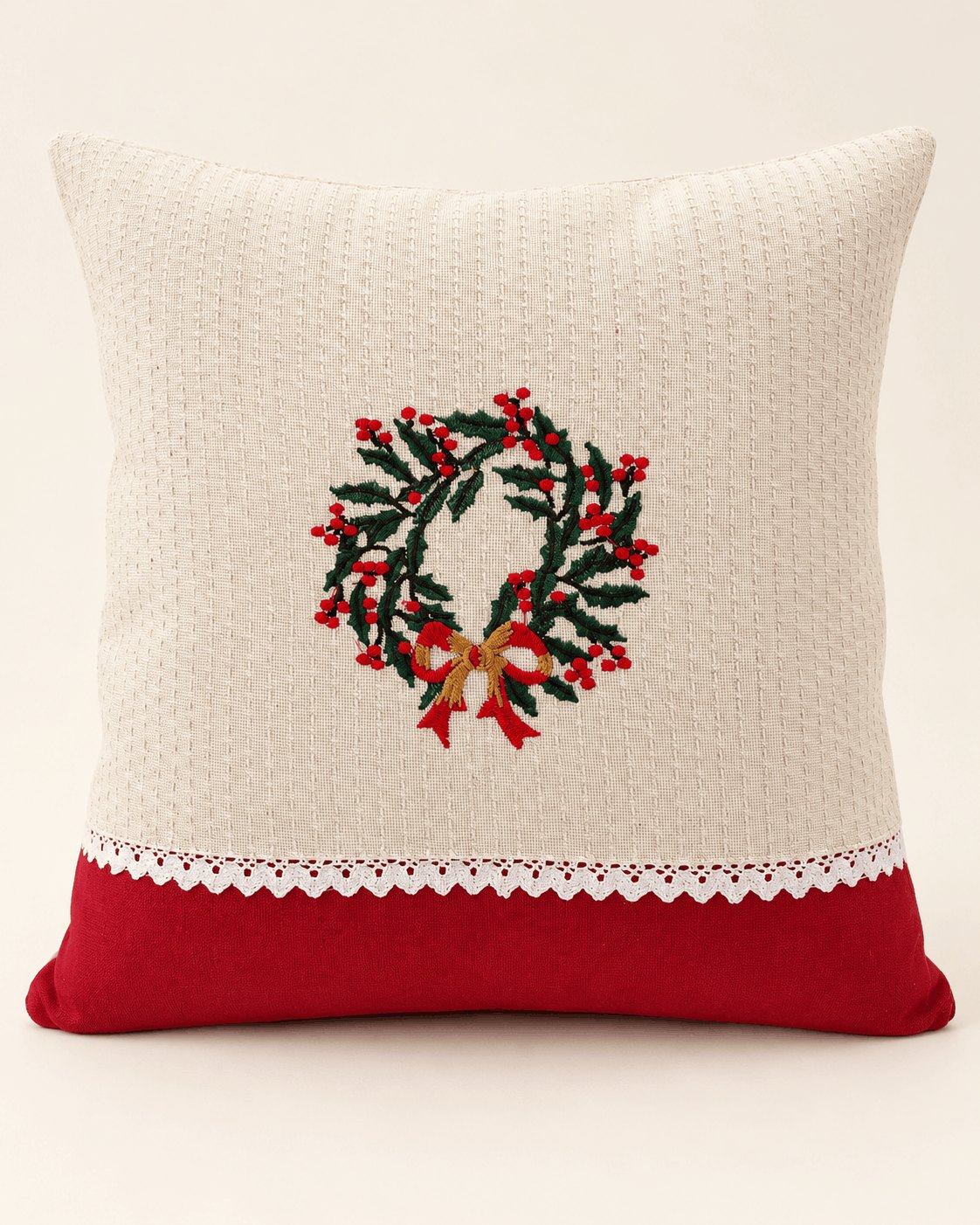 Holly Wreath Embroidered Cushion Cover
