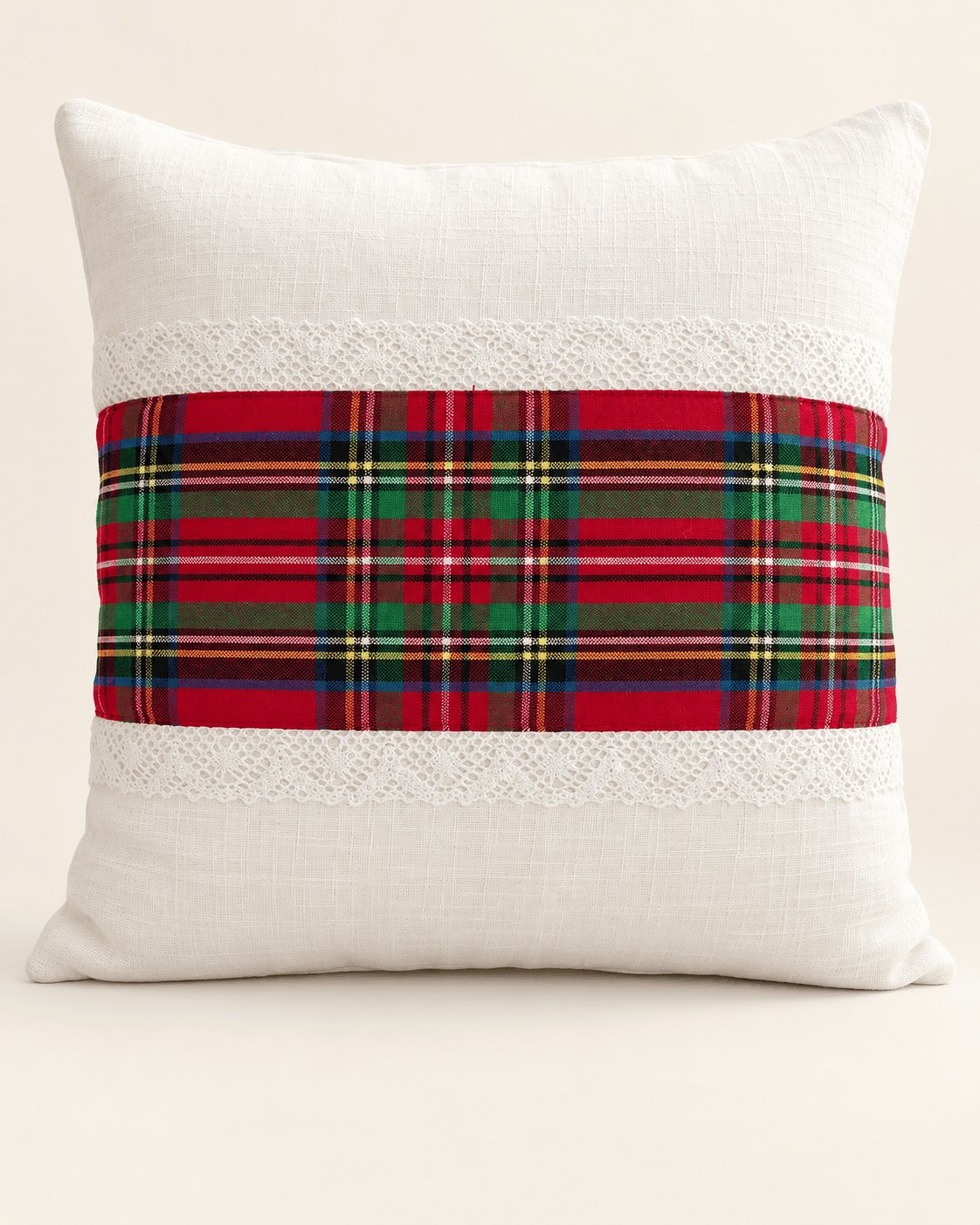 Red Tartan Band Lace Cushion Cover