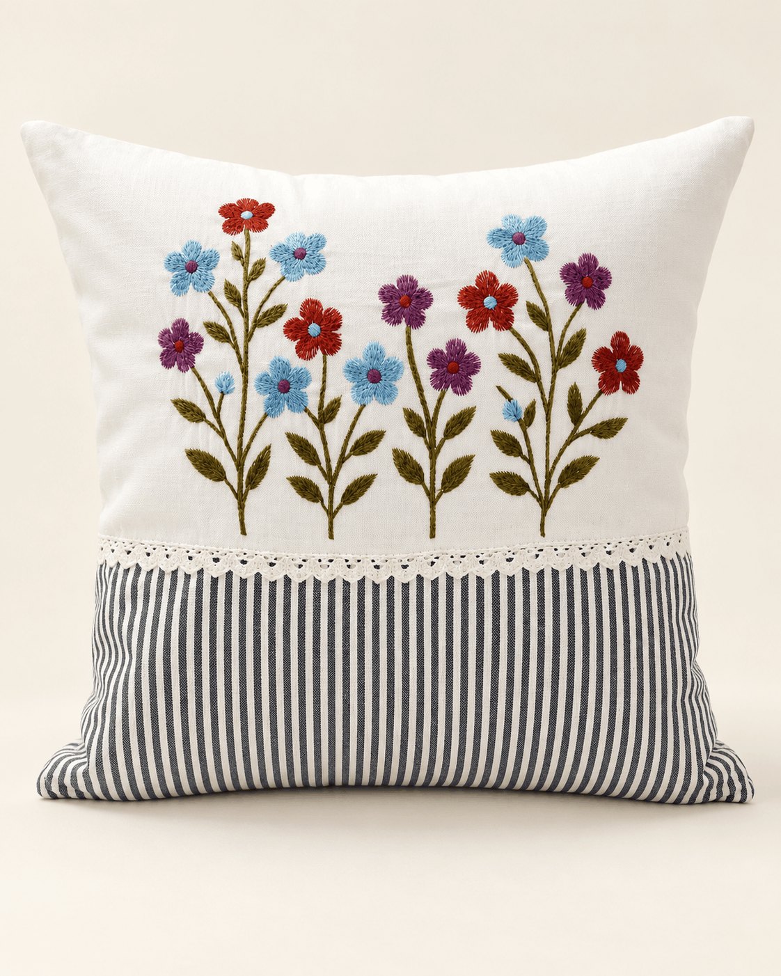 Wildflower Embroidered Cushion Cover - Navy Stripe