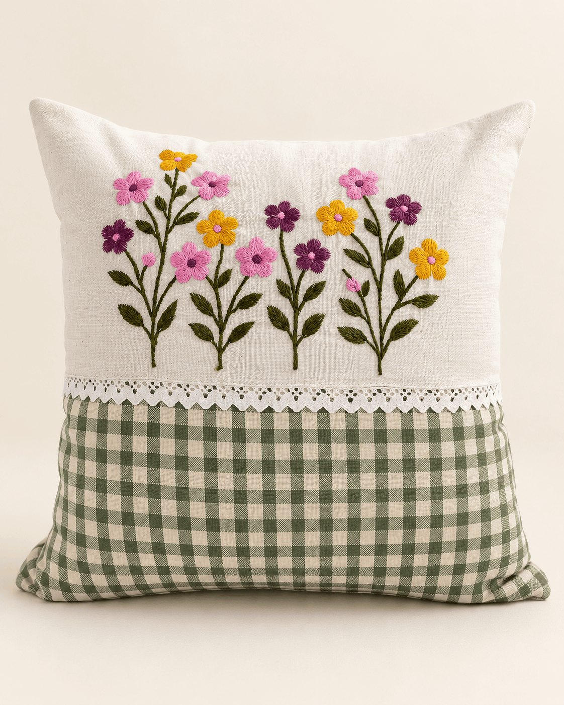 Wildflower Embroidered Cushion Cover - Sage Gingham